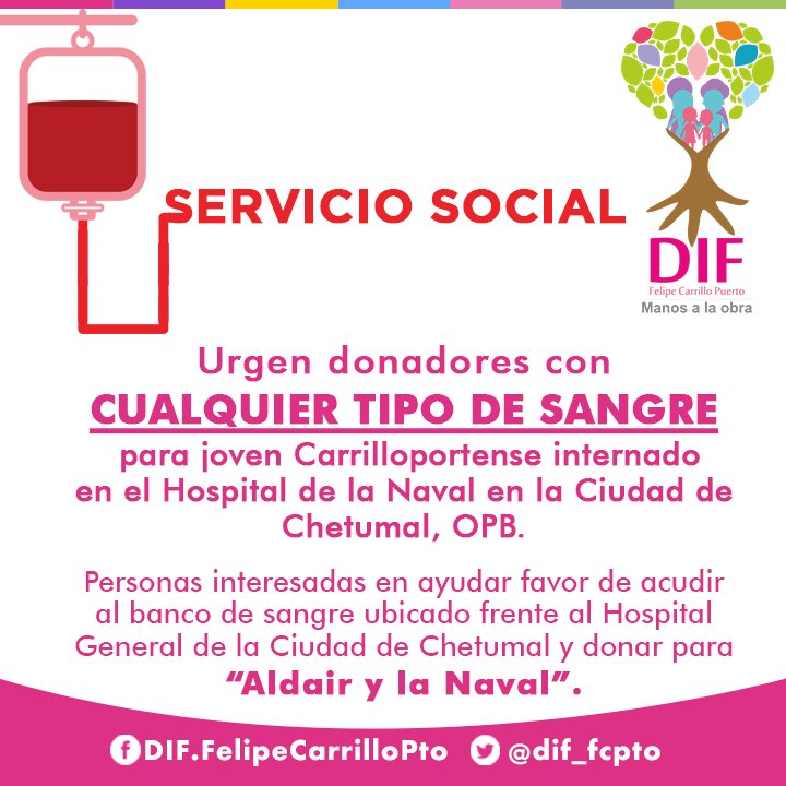 dif_fcpto's tweet photo. ⚠ S E R V I C I O S O C I A L ⚠
El DIF de Felipe Carrillo Puerto solicita el apoyo para una persona que requiere donadores de sangre.
#ManosALaObra #DonaSangre #LaborSocial #DIFunde https://t.co/xcVDlpJiEo