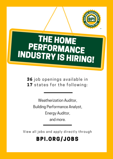 _BPI_'s tweet photo. Looking for a #homeperformance, #weatherization, or #energyefficiency job? Look no further than #BPI's #Jobs Pages! Check out what's available: https://t.co/YeVxkAdHqn. Want to receive bimonthly job updates? Join the email list: https://t.co/8npYS67Zco. https://t.co/HtpvXdI5aA