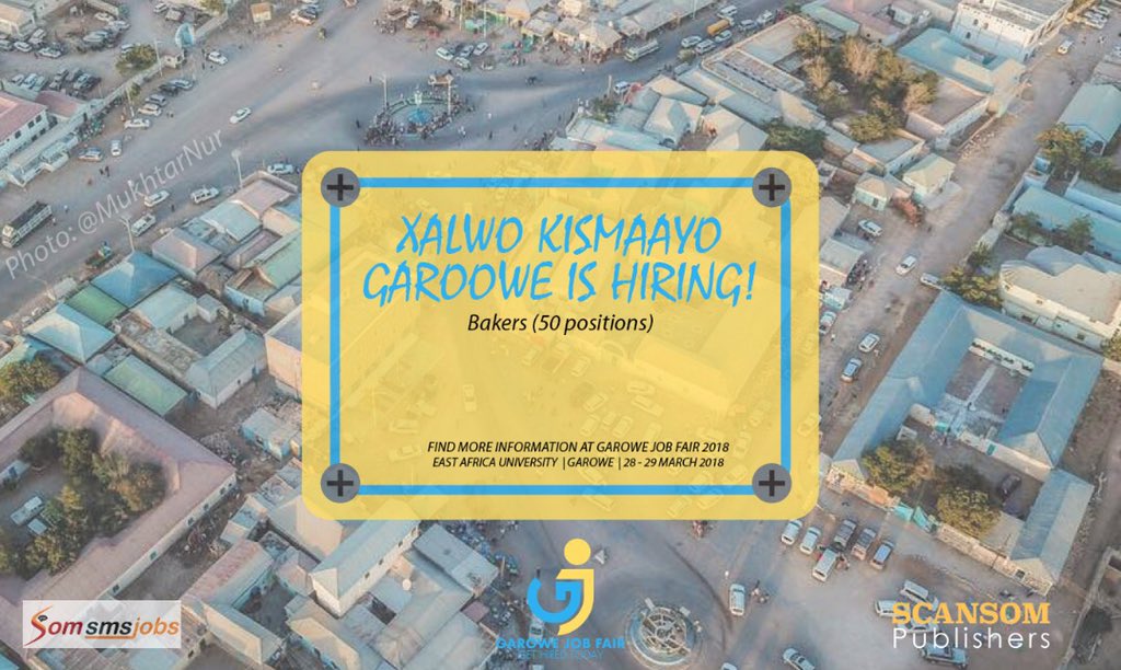 BashiirSuuley's tweet photo. Xalwo Kismaayo: Garowe branch is one of the forefront bakeries in Puntland &amp; is hiring 50 employees at #GaroweJopFair2018
#Scansom https://t.co/IisAu93pc3