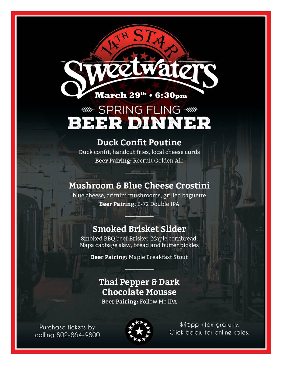 ChurchStreet's tweet photo. Grab a seat for @sweetwatersVT's Spring Fling Beer Dinner with @14thStarBrewing on March 29! https://t.co/o7yoaTaYL0 https://t.co/T8KgpfImwv