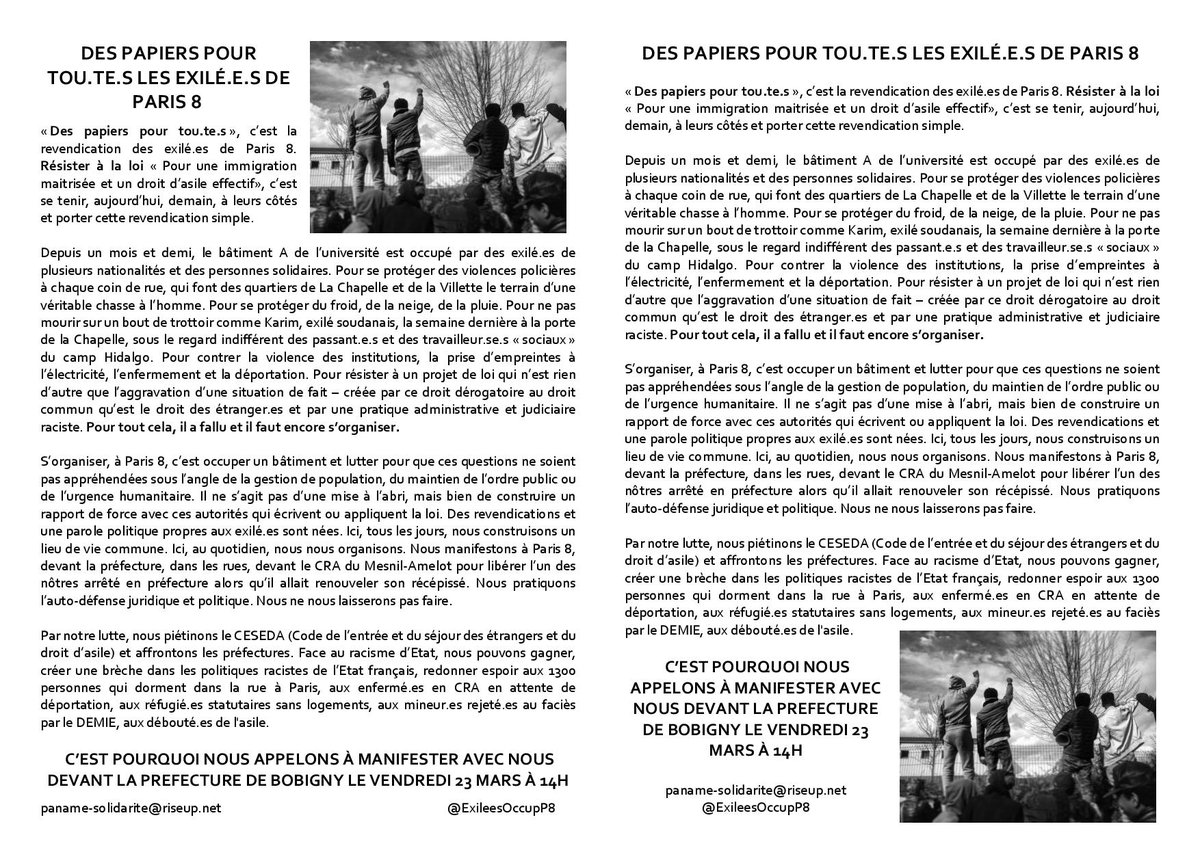 ExileesOccupP8's tweet photo. Tract du rassemblement! 23mars 14h devant la préfecture de Bobigny!
#occupp8 #RefugeesWelcome #LoiAsileImmigration #NOBORDER 

Sur facebook: https://t.co/byYZ8hRjS5
Sur paris lutte info:https://t.co/xNEWeMsVYy
Sur demosphere: https://t.co/t7twdT8ZYM https://t.co/ziOPiVEs1k