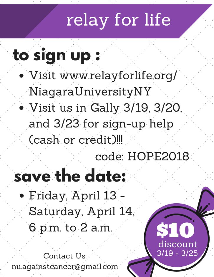Come see us today in Gally from 11-2:30!!! Make sure you sign up for Relay for Life this week for a discounted registration fee of $5! We are also selling luminaria bags for $1!!! <a href="/NUCampusAct/">NiagaraU Activities</a> <a href="/NUstudentgov/">NUSGA</a>