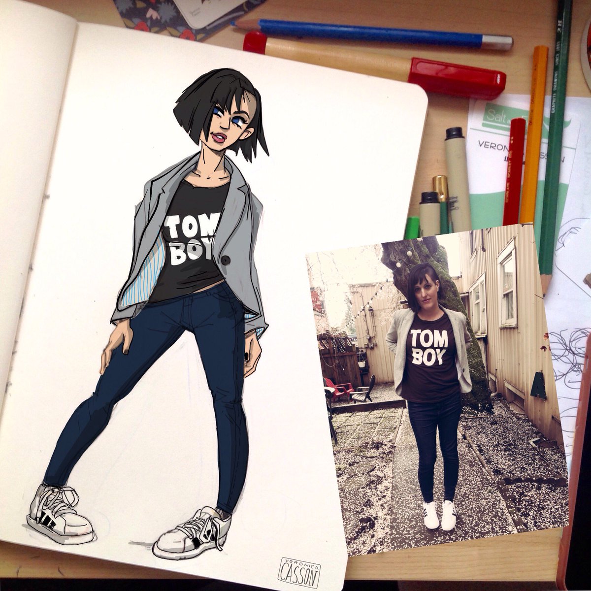 SaltAndFog's tweet photo. Quick #ootd sketch in between building mini-comics and packing for Wonder Con

Top from @wearewildfang,  of course.

 #thisiswhattranslookslike #girlslikeus #pdx https://t.co/jcvGgmPm7j