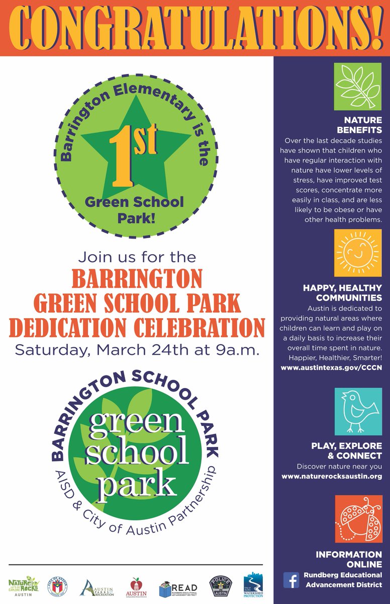 Join us for Barrington's Green School Park Dedication Celebration this Saturday at 9:00am (400 Cooper Dr). Bring the kids for fun nature activities and help us celebrate the first Green School Park! More at bit.ly/bgreenpark. <a href="/BEMustangPride/">Dr. Gilma Sanchez</a> <a href="/AustinISDGreen/">Austin ISD Green</a>