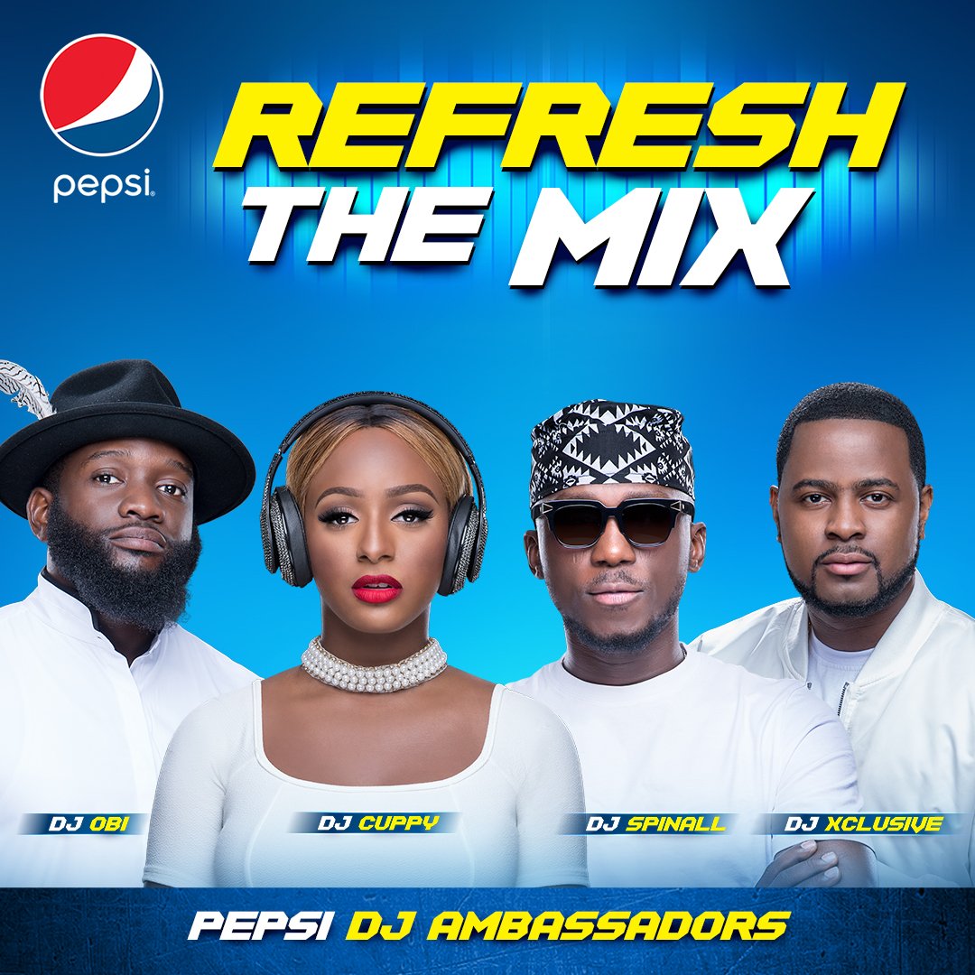 Pepsi_Naija's tweet photo. We keep cool company!  Meet our Pepsi DJ Ambassadors @DJSPINALL, @cuppymusic, @DjObiAjEnt and @DJXCLUSIVE. It's time to #RefreshTheMix #PepsiDjAmbassadors https://t.co/M6kcXCNauA