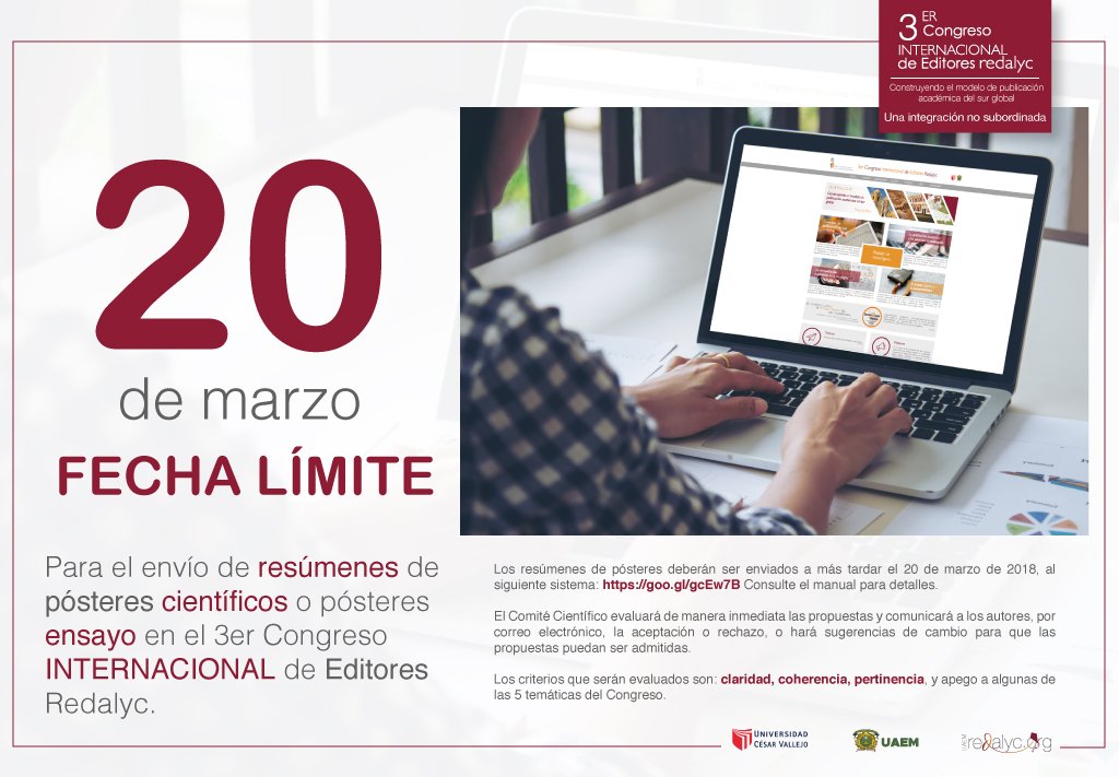 Redalyc's tweet photo. ¡Editores, investigadores e instituciones, no pierdan la oportunidad de participar en la presentación de pósteres en 3er Congreso Internacional de Editores Redalyc! Participen con nosotros y únanse a la charla global.

¡Último día para participar! 👉 https://t.co/fhiEQBF2L7 https://t.co/sZQ02lC2wm