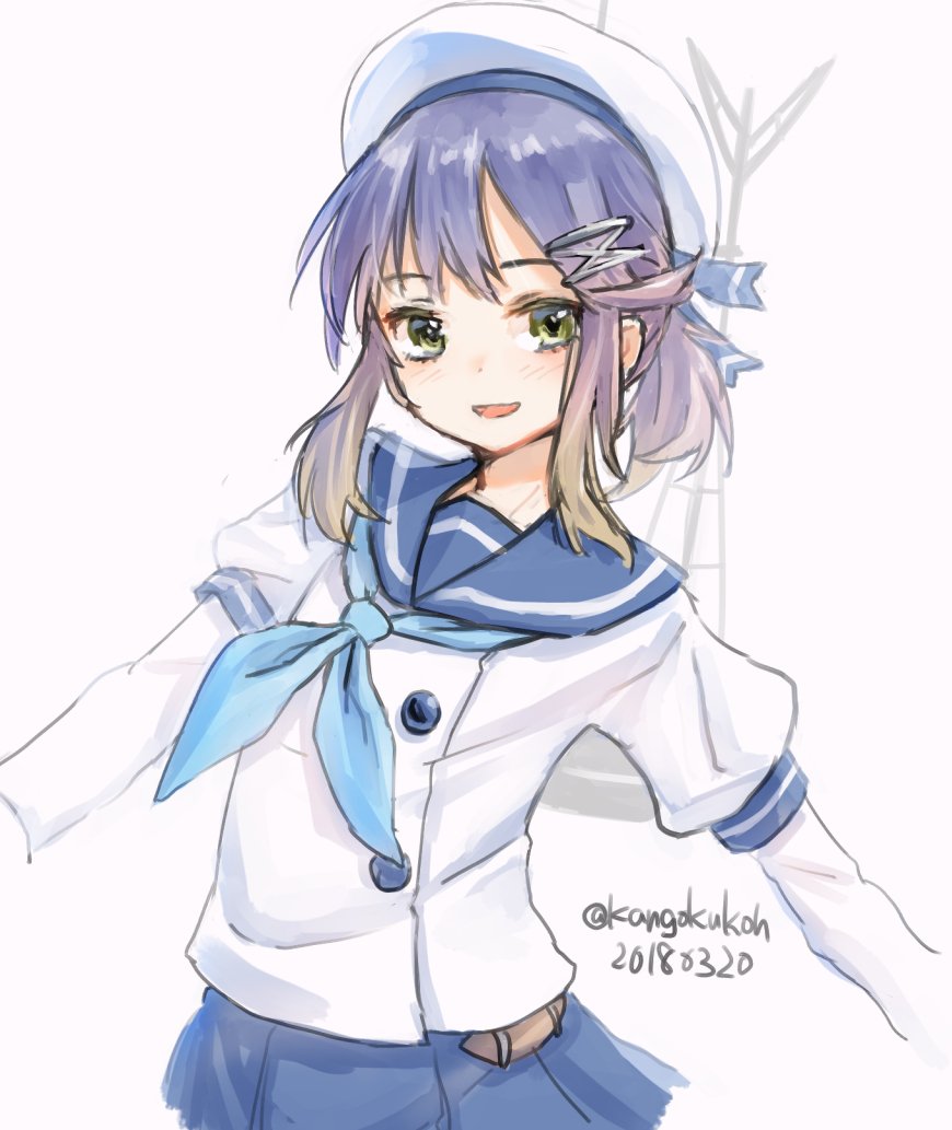 tsushima (kancolle) 1girl solo purple hair skirt blue skirt school uniform blue neckerchief  illustration images