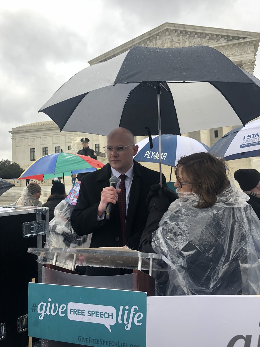 ERLC's tweet photo. “To require pregnancy resources centers to advertise abortion services not only violates the protections of the First Amendment, but it also compromises the ability of those centers to carry out their core mission.” 

@traviswussow, speaking on #NIFLA at the steps of #SCOTUS. https://t.co/vu8a3HZJDm