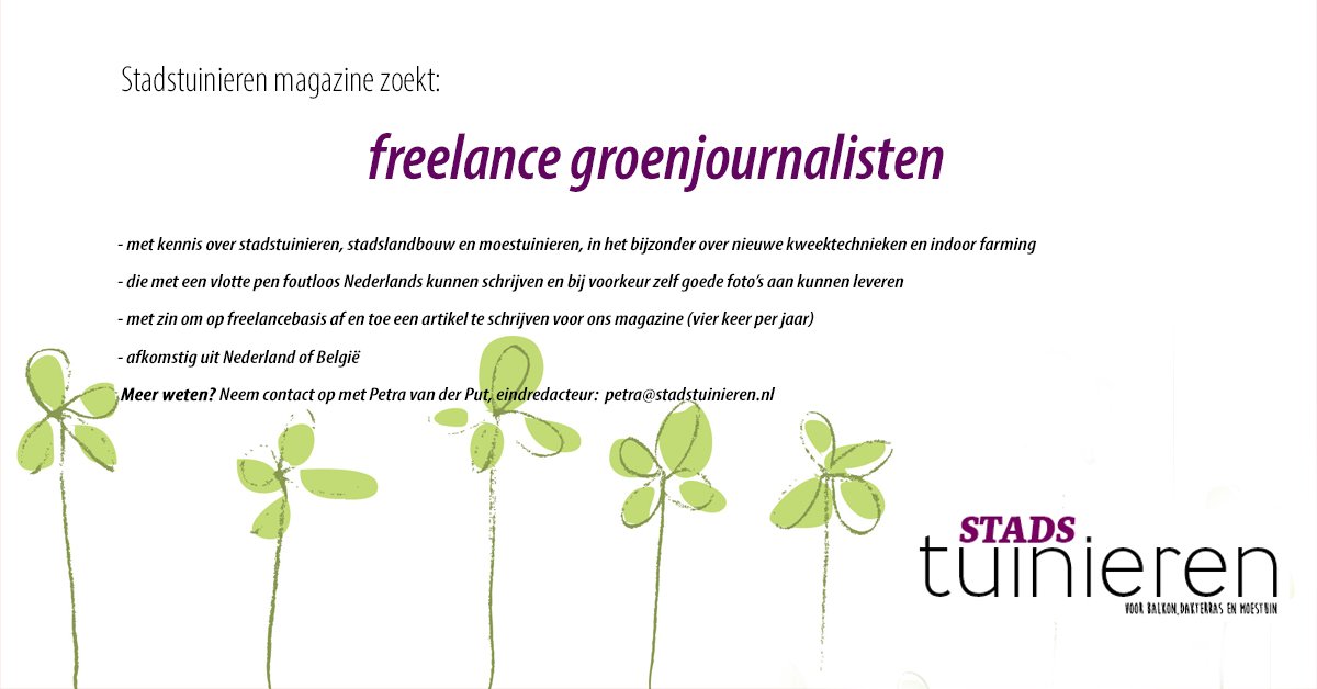 Heb jij kennis van #stadstuinieren, #stadslandbouw en #indoorfarming? En een vlotte pen? Misschien zijn wij dan op zoek naar jou! RT=fijn! #tekstschrijvers #freelance #vacature