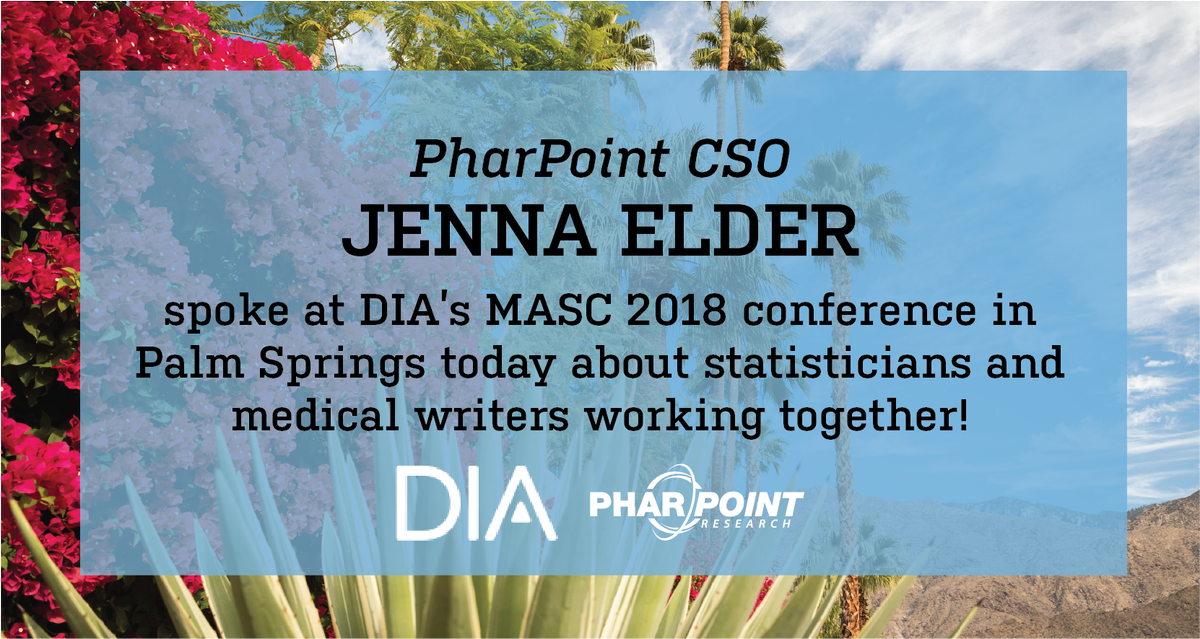 PharPoint's tweet photo. Our CSO, Jenna Elder, gave a talk today at #MASC18 about statisticians and medical writers working together! Thanks @DrugInfoAssn! https://t.co/pGgxjNBsng