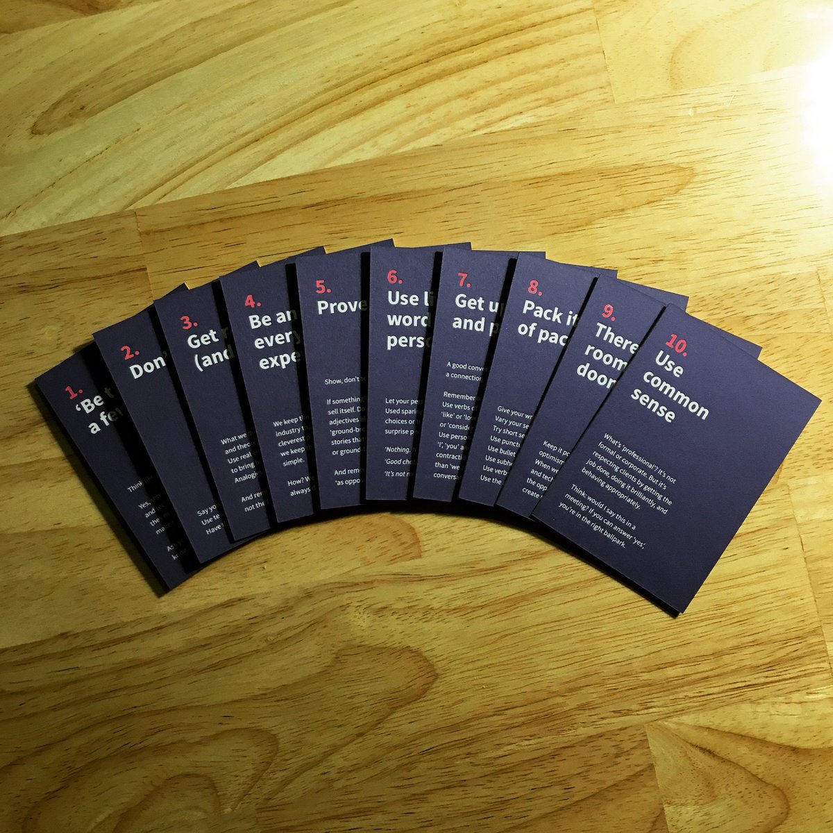 Simple_Revo's tweet image. These beautiful little things are sat on our desk: tone of voice cards we worked on for our friends @wearethetin - designed by TheTin. #toneofvoice #brand #branding #brandlanguage #writing