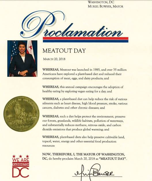 EricaMeier's tweet photo. Happy #MeatOut2018: Our nation's capital has officially declared today, March 20, as "#MeatOut Day" - Thank you @MayorBowser! More ways to celebrate at https://t.co/OYnz1gd4wM https://t.co/usxNH7Bn9W
