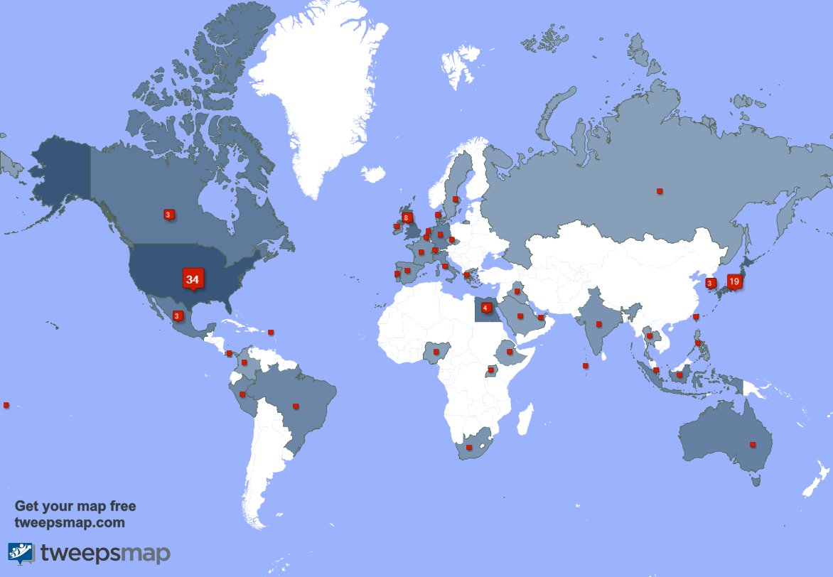 My followers live in 42 countries: USA(34%), Japan(19%)... tweepsmap.com/!KaiKaiExz Get your free map!