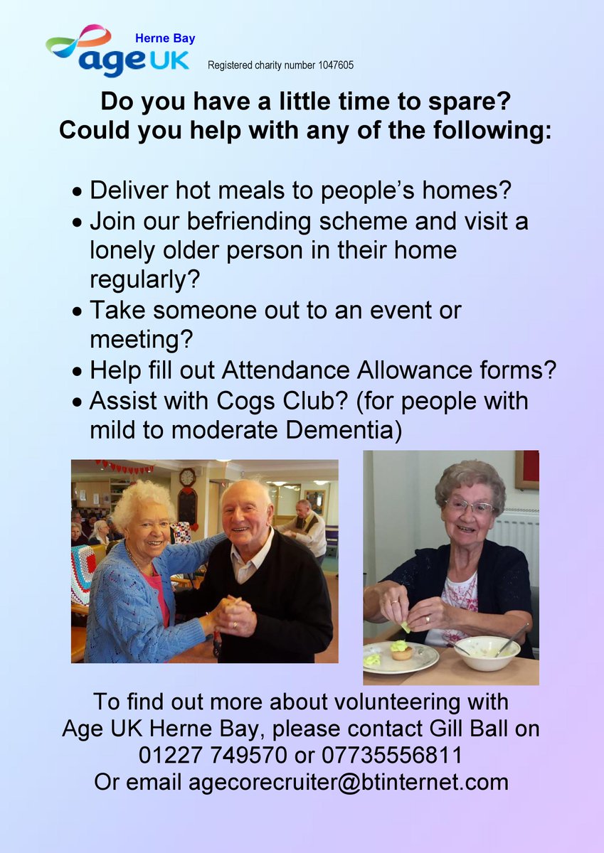 AgeUKEastKent's tweet photo. Age UK Herne Bay is looking for new volunteers to help in a variety of ways. https://t.co/eACWFsfUYu