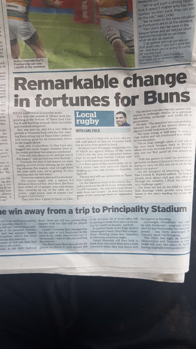Fantastic to see <a href="/thebunsrfc/">St Albans RFC</a> write up in #SouthWalesEcho <a href="/WRU_Community/">WRU Community - Wrth galon y genedl</a> <a href="/DistrictBGMG/">District B GMG</a> <a href="/AllWalesSport/">All Wales Sport</a> #BleedBlackAndAmber 🖤💛🖤💛