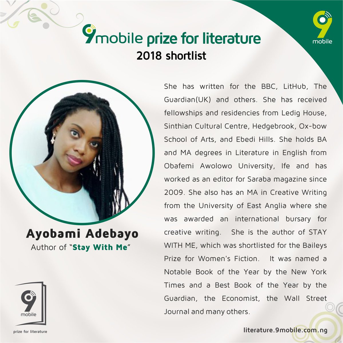 Meet Ayọ̀bámi Adébáyọ̀ (<a href="/ayobamiadebayo/">Ayọ̀bámi Adébáyọ̀</a>) #9mobilePFL2018Shortlist and Author of #StayWithMe #9mobilePFL2018 Visit goo.gl/sGbZcA for more on #9mobilePrizeforLiterature