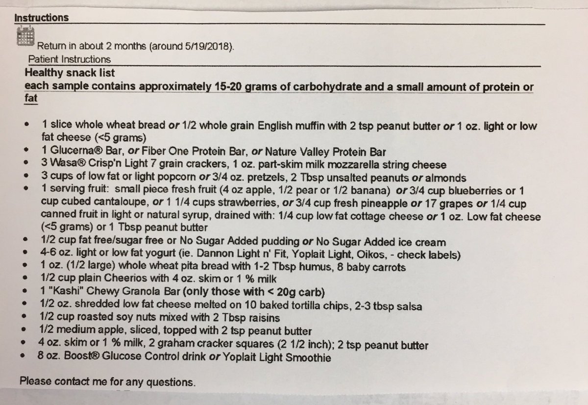 IMWHorvitz's tweet image. These are the instructions given by a Diabetes nurse educator from an Endocrinologist to a mutual patient I share. This is just for snacks. They didn’t send what they advise for other meals. And we wonder why Diabetes is surging.