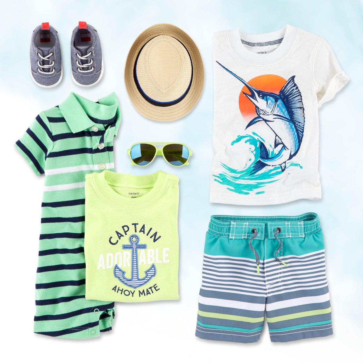 Carters's tweet photo. Beach vibes 🐟 🏖️ #tees #rompers
#trunks #shoes #shades #packitup
#lovecarters https://t.co/tCEOvVWp44 https://t.co/09sXB9XvIZ