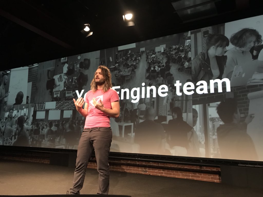 JulieHeyde's tweet image. When your friend is live reporting from the @unity3d keynote stream’s commentary...#NestedPrefabs #PinkShirt #GDC18 shoutout to @artissoft for teaching @JoachimAnte to code at age 14 (and for taken a photo of it).