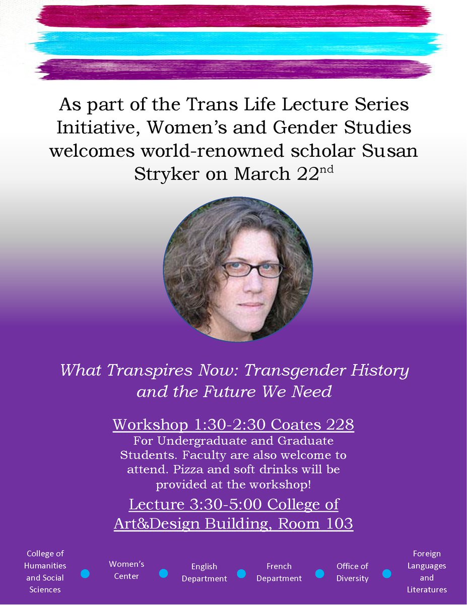 LSUwgs's tweet photo. Pizza...discussions...world-renowned scholars... I better stop because this is sounding too good to be true! But it is true! Our Trans Life Lecture Series kicks off this week with Susan Stryker on Thursday, March 22nd! https://t.co/RHcvejj7gq