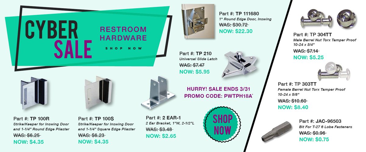 ShifflerEquip's tweet photo. CYBER SALE! Hurry! This Restroom Hardware Sale Ends 3/31. Must Use Promo Code: PWTPH18A*. Click to Shop: https://t.co/dujNcMARpk https://t.co/IdyH2GlNqE
