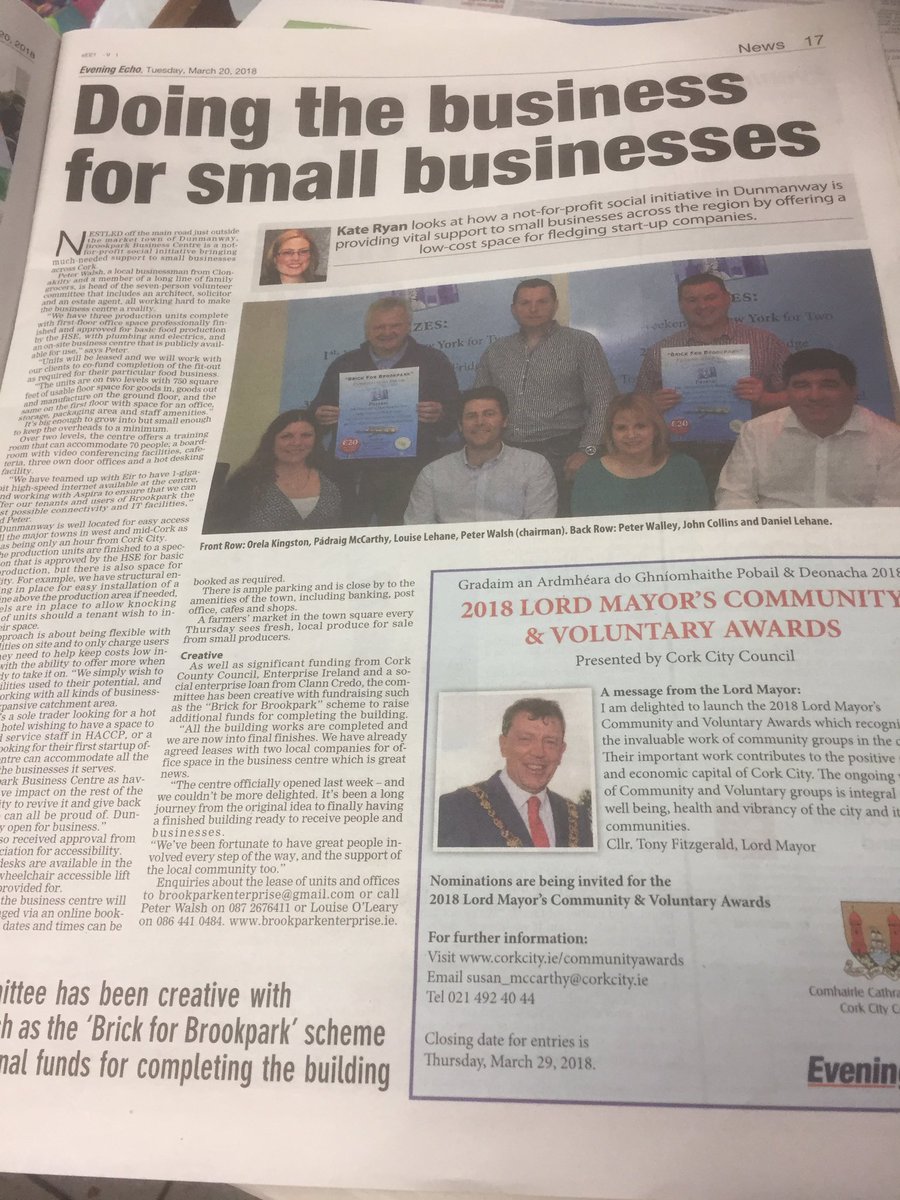 brookparkentctr's tweet photo. Our Enterprise Centre is featured in today's @CorkEveningEcho ..our journey to-date..
We are #OPEN for #BUSINESS
#HotDesks #FoodUnits #Training #Meetings #Startups #Offices
1 #Gigabyte @eir Broadband
@flavourIE 087 2676411
Info@Brookpark.ie https://t.co/Zx3g6meMz9