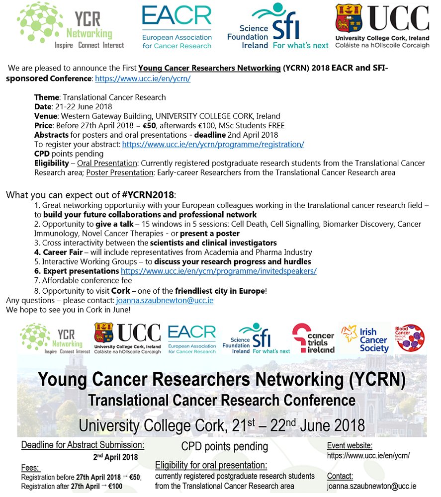 Call For Abstracts #YCRN2018 @CCRC1999 
#NetworkingEvent for early-career cancer scientists 21-22 June 2018 @UCC Cork, Ireland. Sponsored by @EACRnews and @scienceirel
 #CancerResearch #TranslationalCancerResearch #CancerScientists