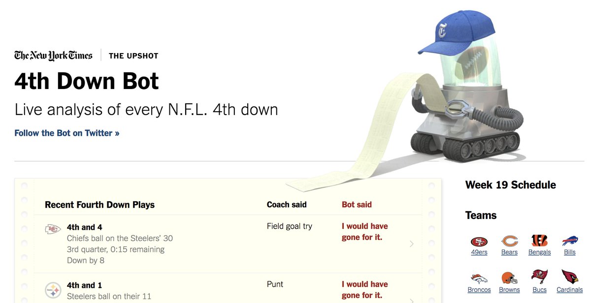 How do you  teach non-experts to think probabilistically with a data product? <a href="/treycausey/">Trey Causey</a> dives into his story with the NYTimes 4th down bot that he developed. Join us on March 22nd at our Speaker Series event! meetup.com/Convoy-Data-Sp…