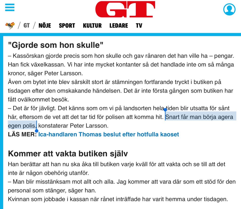 "Snart får man börja agera egen polis", säger en ICA-handlare efter flera rån. Många delar uppgivenheten. Regeringens mångåriga vanskötsel av polisen under Dan Eliasson skapat en farlig stämning. Vid nästa rån kanske traktens jaktlag rings istället?
#svpol
expressen.se/gt/ica-handlar…