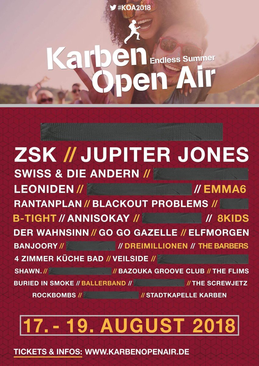 So viele wunderschöne Bands auf dem @KarbenOpenAir !  Und wir sind auch dabei.  Das wird ein Fest 🍾🎈🍺  
#8kids #8kidsofficial #karben #live #festival #karbenopenair #festivalsommer #zsk #jupiterjones #swissunddieandern #rantanplan