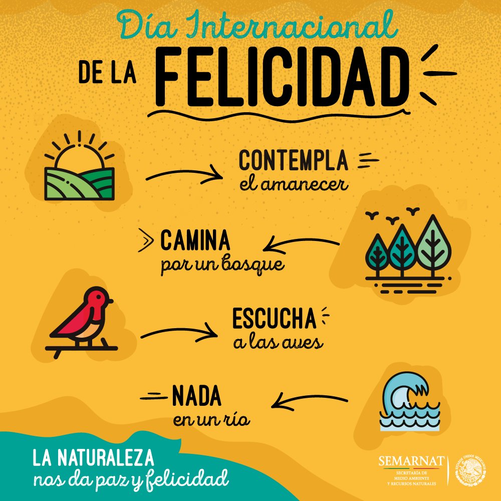 SEMARNAT_mx's tweet photo. Hoy es el #DíaInternacionalDeLaFelicidad 😄😃😋😛☺️ disfruta lo que la naturaleza nos ofrece, sal a caminar, escucha a las aves, contempla un amanecer. Cuidemos nuestro planeta ♻ y hagamos de este un mundo sano y feliz. 🌎 🌳 https://t.co/VRFwQzQKIG