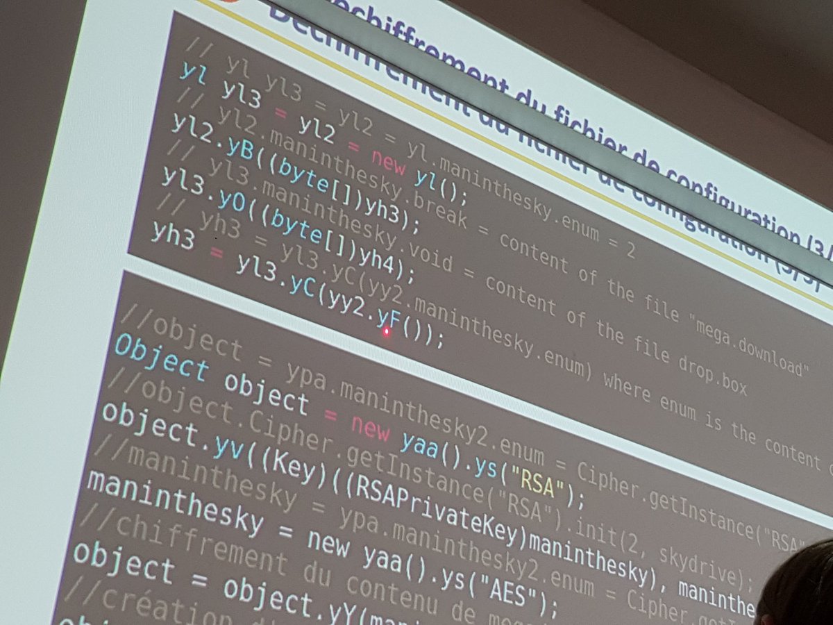 AZobec's tweet photo. Conférence de @FliegenEinhorn today sur l'analyse statique d'un drooper JRat. En bref : ils sont pas cool dans l'obfuscation. #ESGI #SecurityDay2018 https://t.co/i4aqBQ5Jov