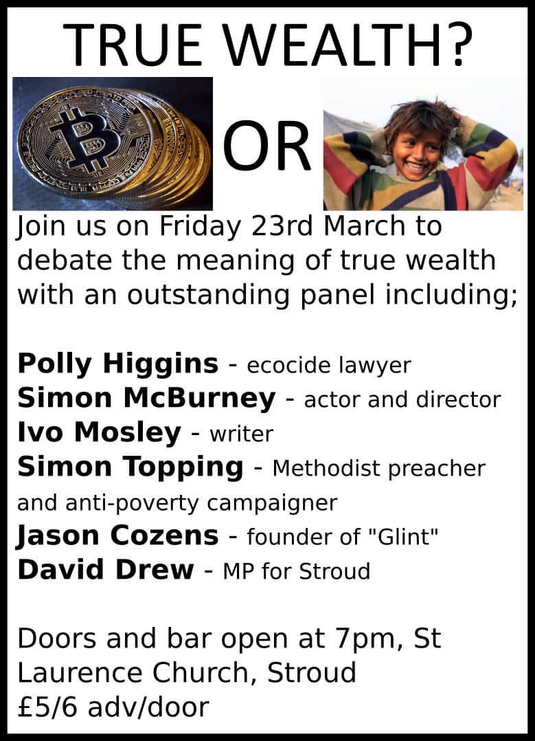 Don’t miss our debate this Friday with
<a href="/PollyHiggins/">Polly Higgins Earth lawyer - 1968-2019</a> 
<a href="/IvoMosley/">Ivo Mosley</a> 
<a href="/SimonMcBurney/">Simon McBurney</a> 
@SimonTopping_ 
<a href="/LotteLyster/">Charlotte Lyster</a> 
<a href="/DavidEDrew/">David Drew for Stroud</a> 
And Jason Cozens of Glint

#fractalight