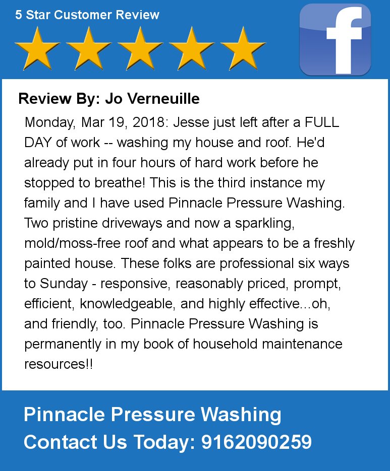 PinnaclePressur's tweet photo. Review By: Jo Verneuille Monday, Mar 19, 2018: Jesse just left after a FULL DAY of work -- washing my house and roof https://t.co/XNfFgN6s4F