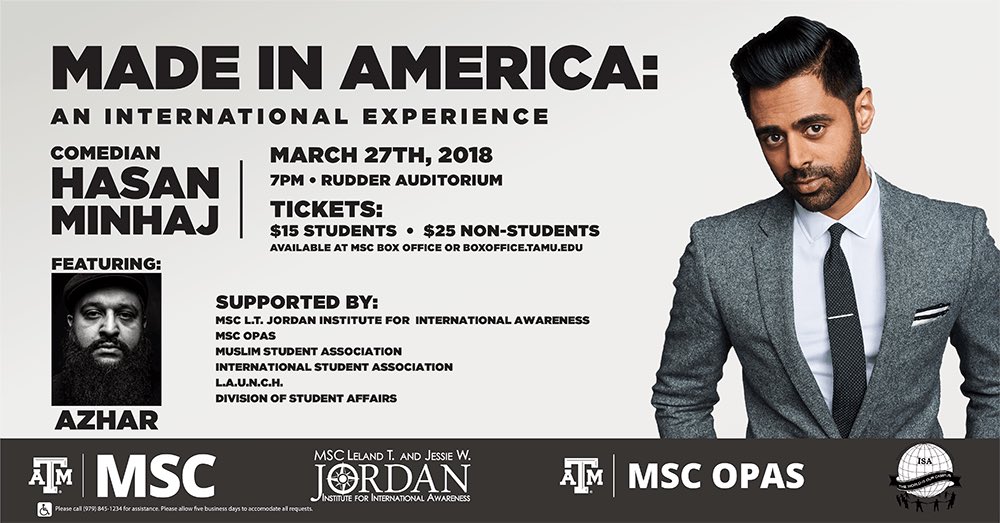 Graphic showing Hasan Minhaj and text reading “Made in America: an international experience” and “march 27, 7pm”
