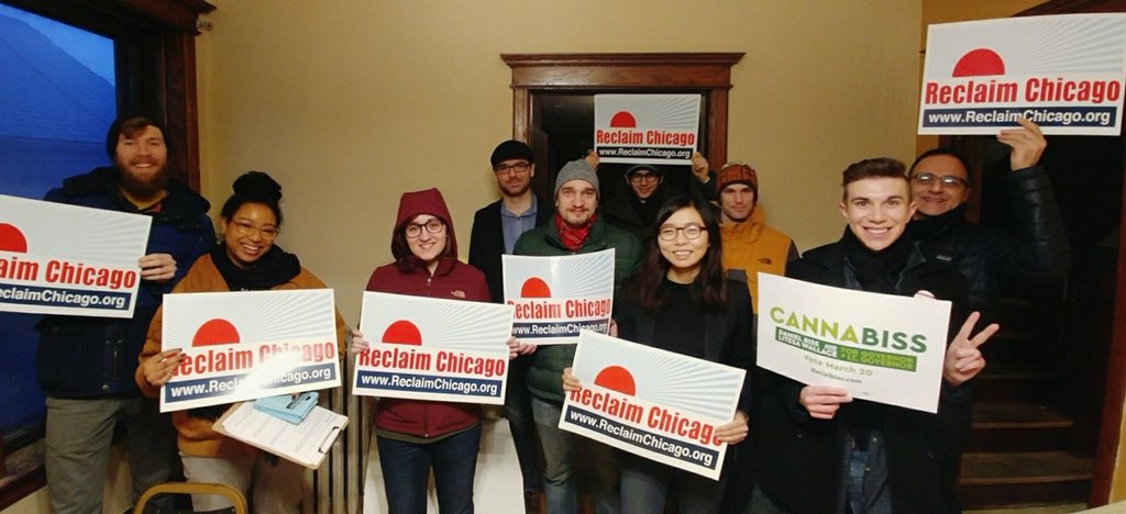 reclaimchicago's tweet photo. The Bridgeport crew out bright and early to remind voters to get to the polls and vote for @Marie4Congress @DanielBiss and @beatrizforjudge. What inspires them? Candidates who will co-govern with us to fight for good jobs, Medicare for All, and our communities #ILPrimary #twill https://t.co/68n8FMe6V8