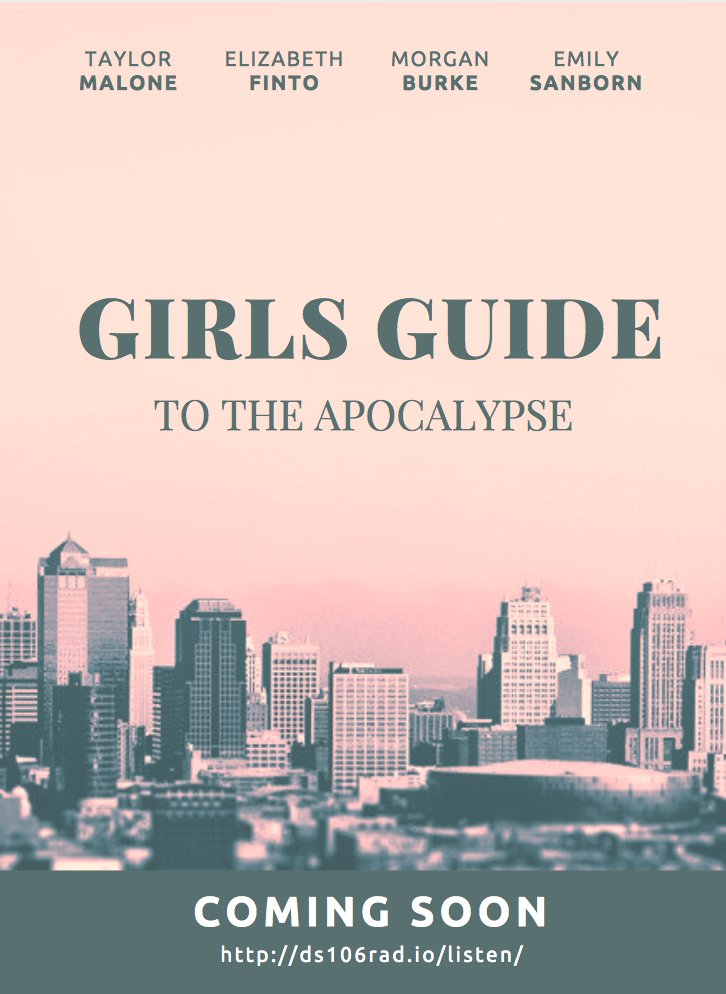 theEnd106's tweet photo. The day has arrived. We are counting down to. . .RADIO SHOWS! Tonight at 9PM on #ds106radio join us for Girl’s Guide for/to/through the Apocalypse with @esanbornumw @schooltaylorr @Rachs_Story @MBurke4UMW @eafinto #itsnotabouttheprepositions #itsaboutsurvivingpeople #theend106 https://t.co/BD2ek8mTNi