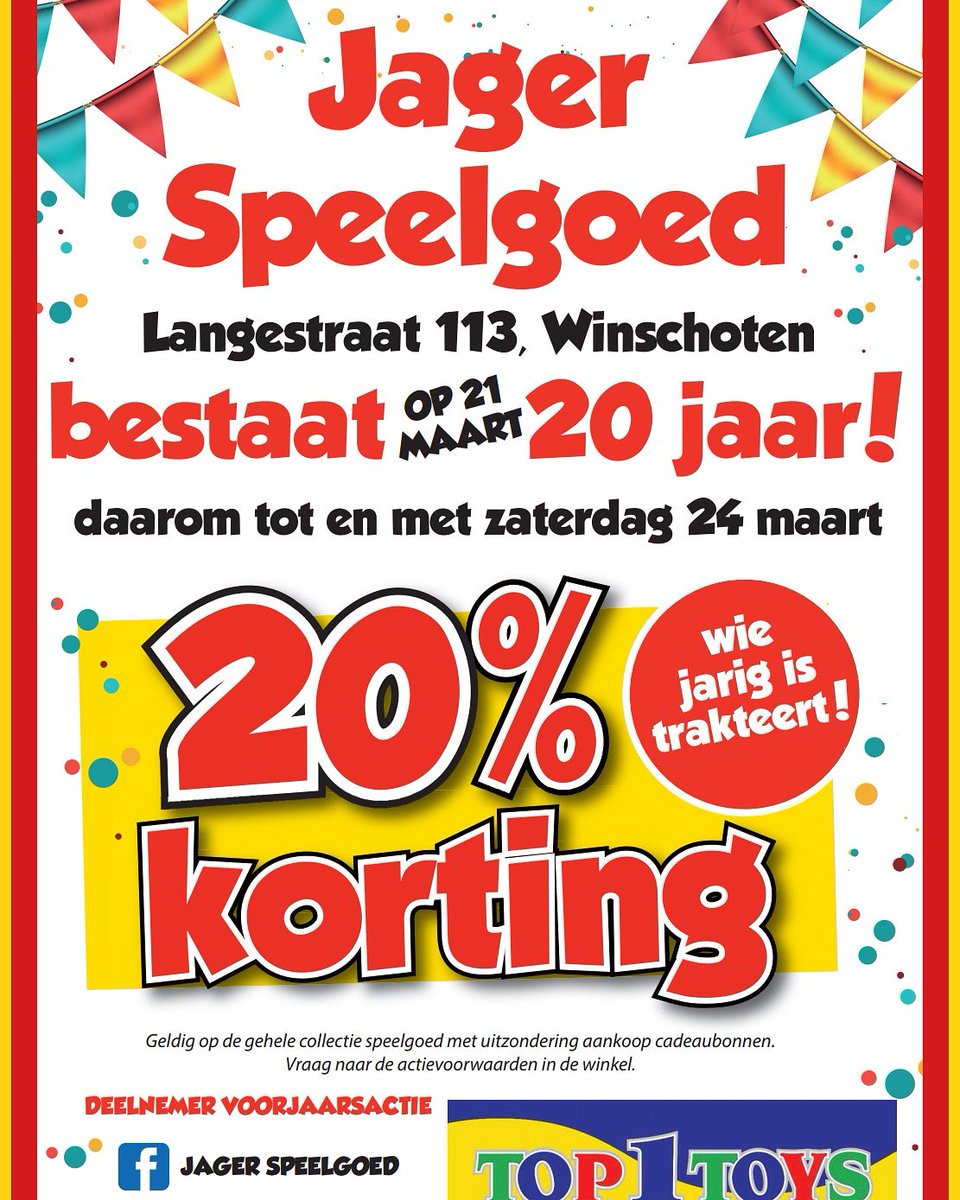 Vanaf morgen 21 maart groot #feest bij #top1toysjager #jagerspeelgoed #trakteren 
20% #korting op alles! 
#winschoten #oldambt