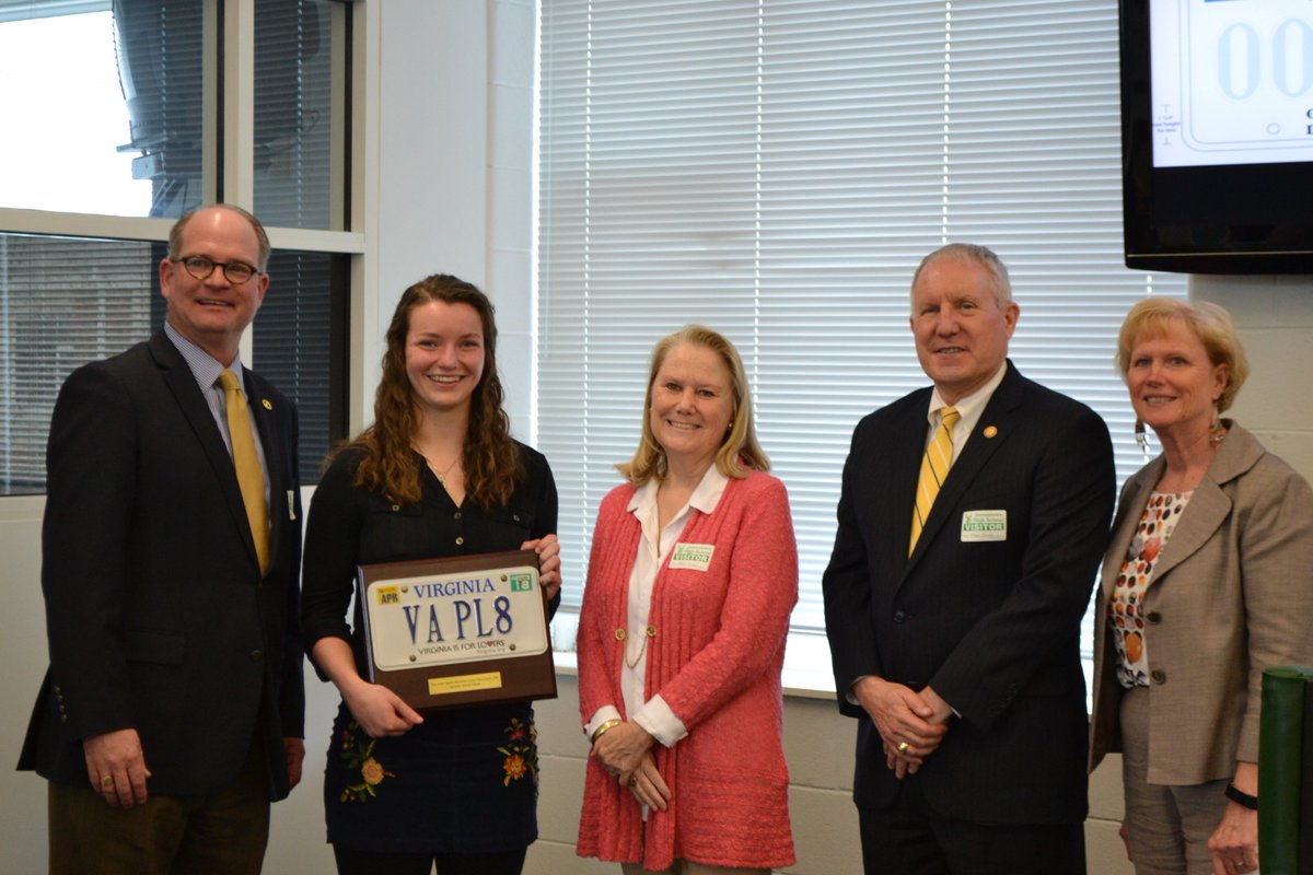 VirginiaDMV's tweet photo. Abigail Polansky, a @JamestownHigh student, was honored as one of 8 district finalists in the #VAPL8Contest. Special thanks to @SenMMason, @BrendaPogge & Georjeane Blumling of @AAATidewaterVA for attending w/ VADMV Commissioner Holcomb. Vote for your fav: https://t.co/NJtygqTrrQ https://t.co/ZQlM4JHFwX