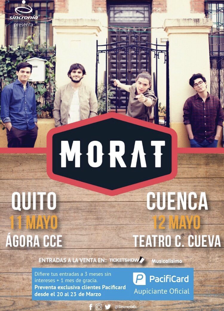 sincroniaec's tweet photo. MORAT en Ecuador ya disponible la preventa con @PacifiCard del martes 20 al viernes 23 de Marzo. Compra tu entrada en @Ticketshow puntos fisicos y en línea. #MoratEcuador2018 Quito y Cuenca 11-12 Mayo @sincroniaec #Sincroniaenvivo https://t.co/QC0K0vHL5s