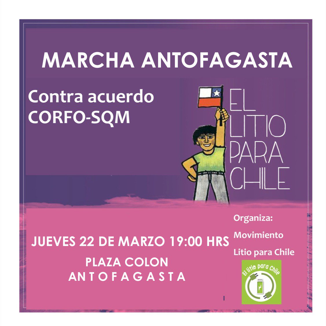 litioparachile's tweet photo. 👉👀MANIFESTACIONES EN DEFENSA DEL LITIO JUEVES 22 DE MARZO✊✊

➡️ANTOFAGASTA: 19:00 PLAZA COLÓN 
➡️COPIAPÓ: 18:00 PLAZA DE ARMAS
➡️LA SERENA: 19:00 AV AGUIRRE/BALMACEDA
➡️SANTIAGO: 18:30 PLAZA ITALIA_LOS HEROES
➡️VALPARAÍSO: 19:00 PLAZA VICTORIA

#litioparachile https://t.co/DozzVfPzfA