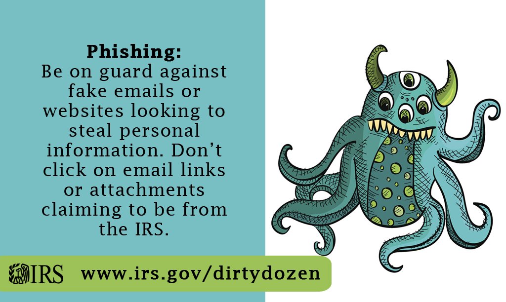 IRSnews's tweet image. Phishing schemes are a top filing season concern for the 2018 #IRSDirtyDozen list of #tax scams irs.gov/dirtydozen
#IRS