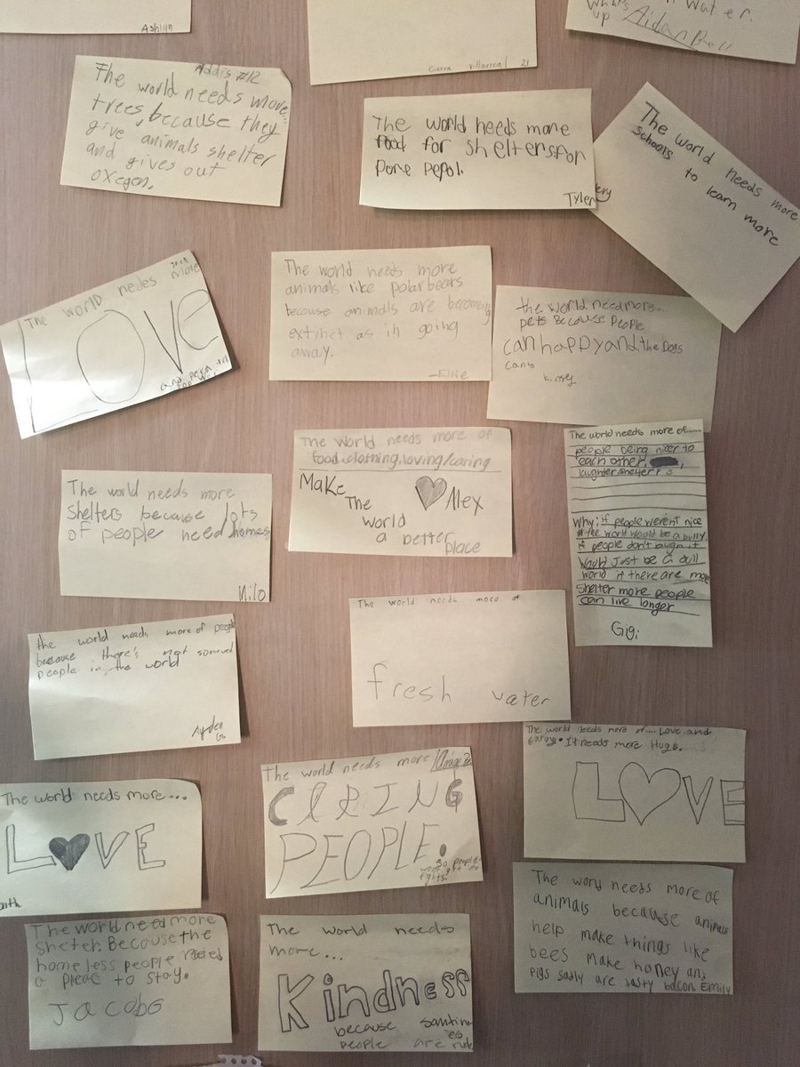 PasarellsClass's tweet photo. Today's Morning Meeting: What does the world need more of? All their responses make my heart smile! #charactercounts #goforthgreatness @ExploreGoforth https://t.co/pDhOKxrcU3
