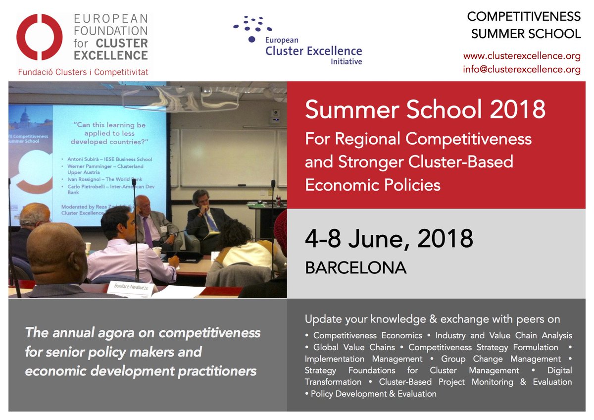 Registrations for the Competitiveness Summer School 2018 are open.
The annual agora on #competitiveness for policy makers and #economicdevelopment practitioners returns to #Barcelona 4-8 June 2018. Details for registration can be found here: : bit.ly/2oErVYN
