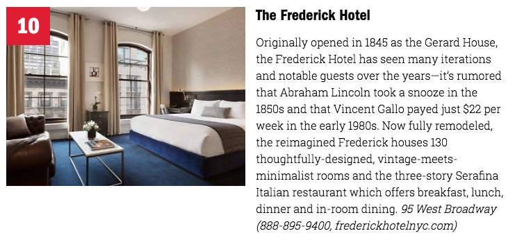Thank you <a href="/TimeOutNewYork/">Time Out New York</a> for ranking us in the top 10 Best boutique #hotels in #NYC! Find the full list here >> goo.gl/fbS2Aq  #TimeOutNY #NewYorkCity #TheFrederickHotel #TriumphHotels #travel