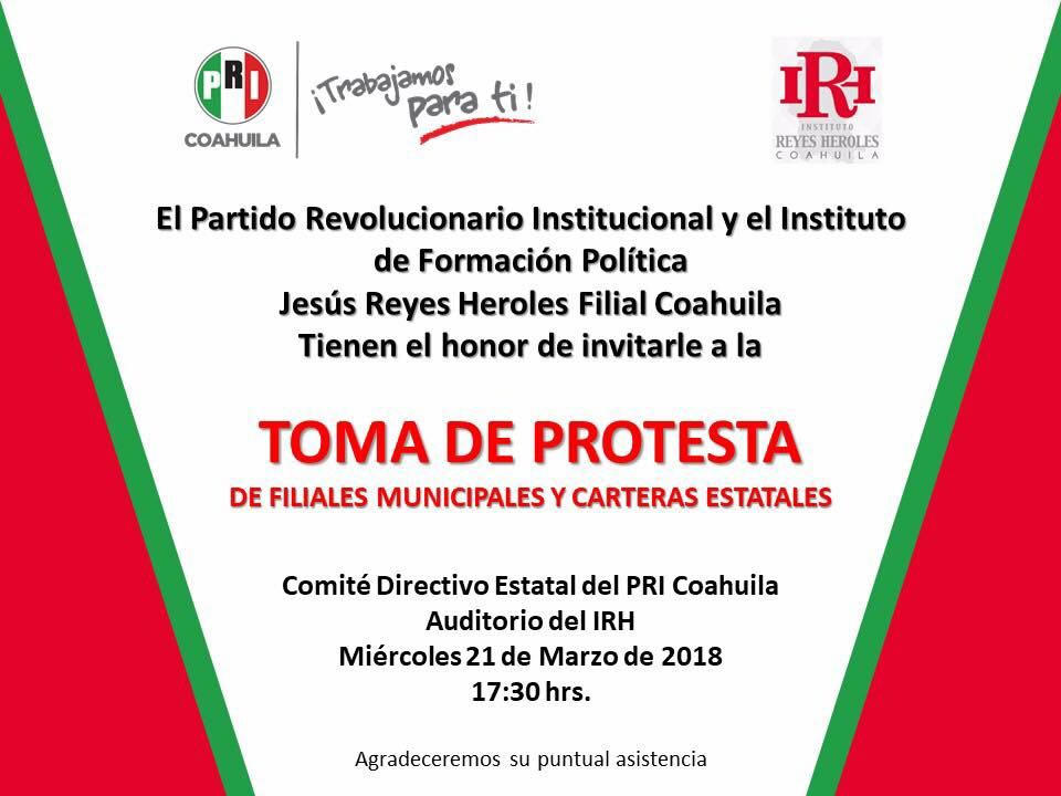 PRICoahuila's tweet photo. #PRICoahuila a través del @IRHCoahuila te invitan a la Toma de Protesta de Filiales Municipales y Carteras Estatales este miércoles 21 de marzo https://t.co/q3R3iyvjll