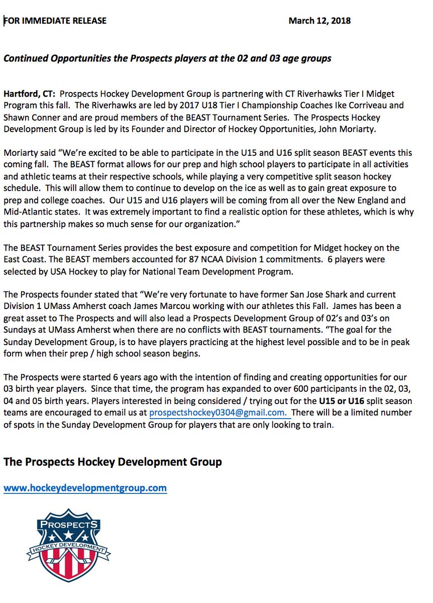 Exciting opportunities for CT 02 and 03's w/ The Prospects partnership w/<a href="/CTRiverHawks/">Connecticut RiverHawks T1 Midgets</a> split Tier 1 Elite split season fall teams. We followed  many of these CT players this season with <a href="/CTHSHockey/">CTHSHockey</a> and will be reading about more next season. Please retweet to your constituents.