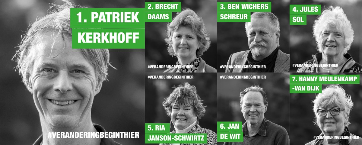 Om de keuze vandaag extra moeilijk te maken, nog even al onze kandidaten voor je op een rijtje!
1. Patriek Kerkhoff
2. Brecht Daams
3. Ben Wichers Schreur
4. Jules Sol
5. Ria Janson-Schwirtz
6. Jan de Wit
7. Hanny Meulenkamp-van Dijk
hlb.groenlinks.nl/mensen
#VeranderingBegintHier