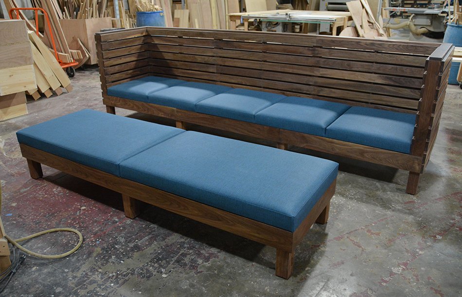 MaxsunGroup's tweet image. Wood slatted banquette for Ardeo + Bardeo! (with matching bench) #booth #banquette