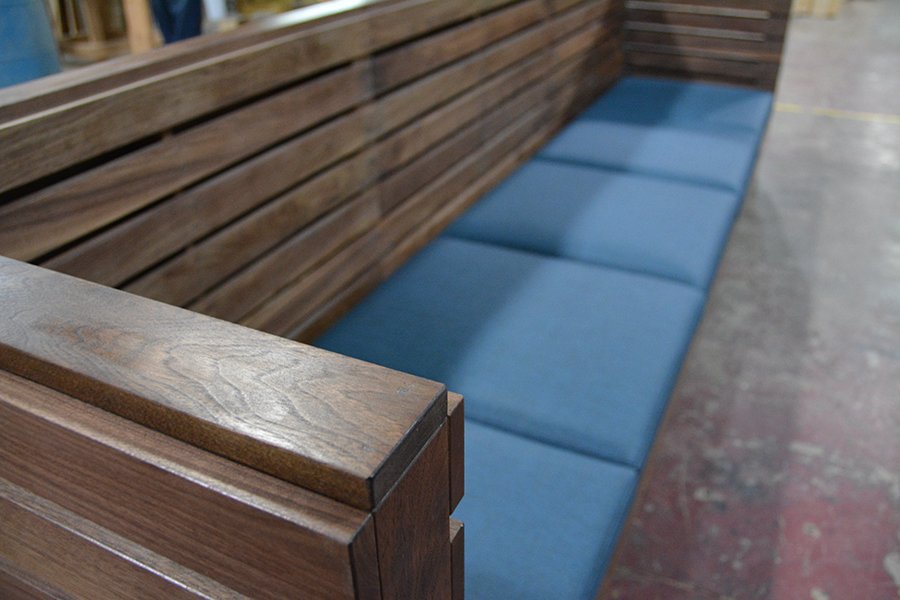 MaxsunGroup's tweet image. Wood slatted banquette for Ardeo + Bardeo! (with matching bench) #booth #banquette